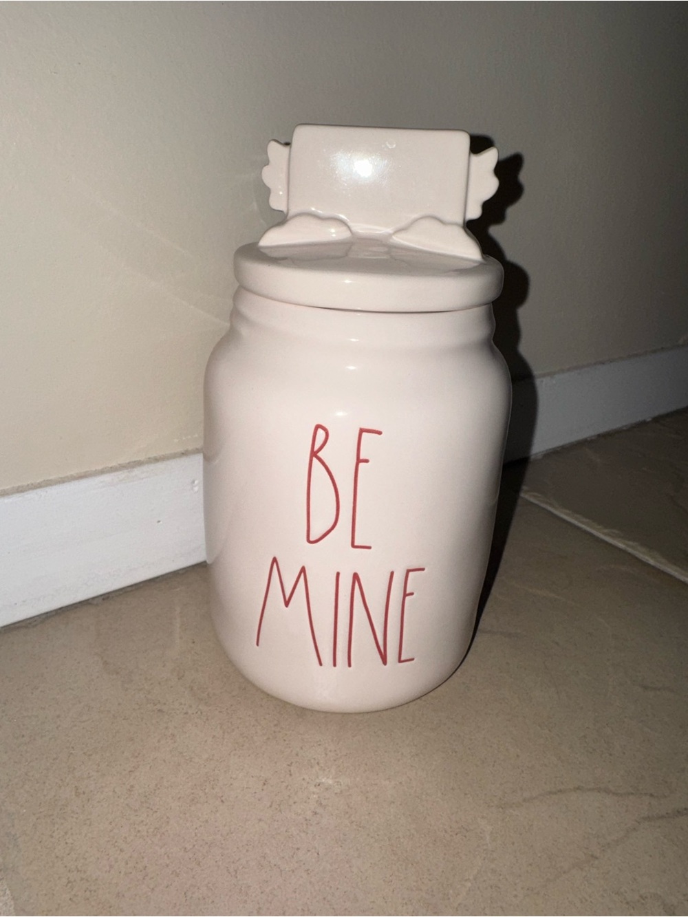 RAE DUNN Ceramic 'Be Mine' Jar - White with Red Lettering